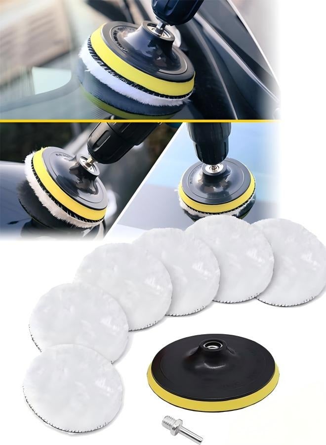 DUNISO 8 Pcs 5Inch Wool Polishing Buffing Pad Set,Car Polisher Buffer Wheel,with Drill Adapter,Easy to Use,Sturdy and Durable,for Car Beauty Polishing,Waxing,Shower Glass, Furniture - Image 1